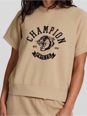 Champion Short Sleeve Sweatshirt in Beige with Black Logo